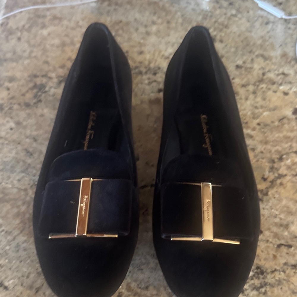 Salvatore Ferragamo Black Velvet Flats with Gold Accent